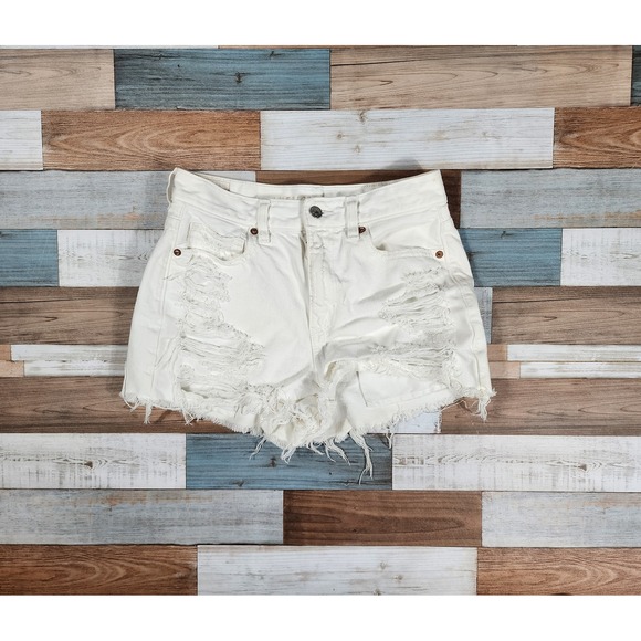 American Eagle Outfitters Pants - American Eagle White Distressed Mom Shorts High Waisted Shredded Denim Size 4